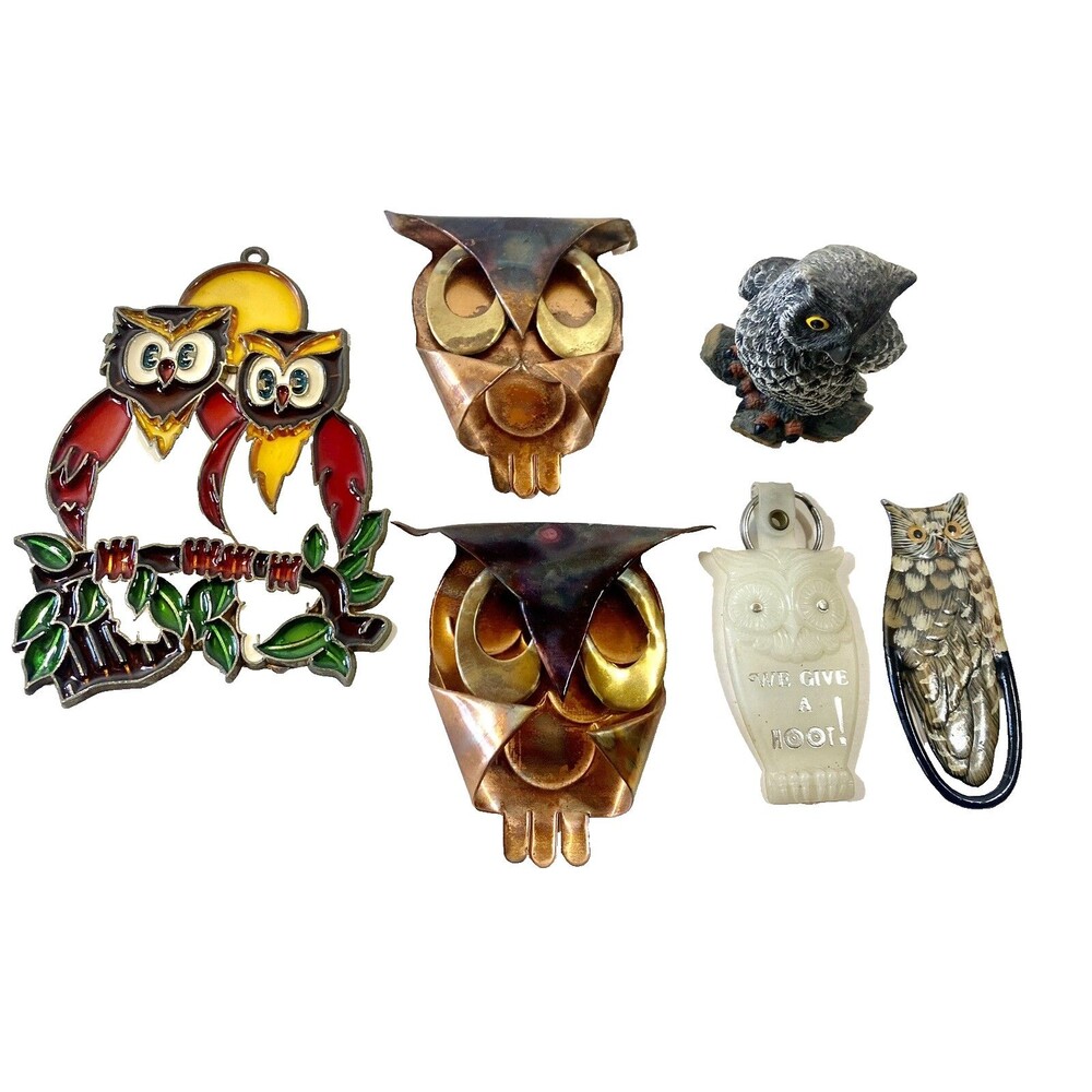 Owls Vtg Lot of 6 Various Figurine Keychain Window Hanger Bookmark Tin